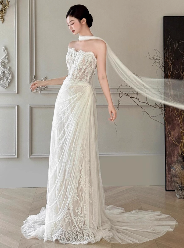 Retro-Inspired Textured Floral Mesh Maxi Dress Simple Tassel Beading Wedding Dress AP0769