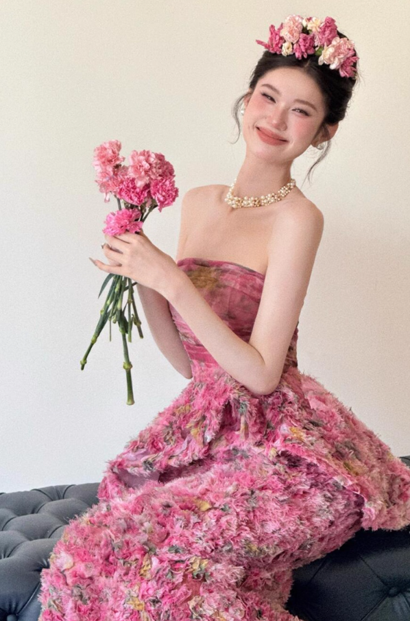 Vibrant Floral Print Ruffles Hem Maxi Dress Niche Strapless Cute Backless Prom Dress AP0781