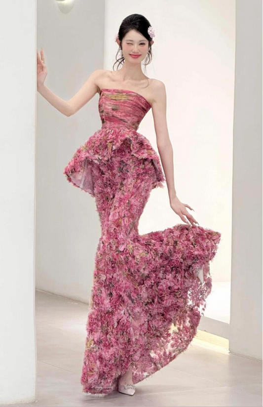 Vibrant Floral Print Ruffles Hem Maxi Dress Niche Strapless Cute Backless Prom Dress AP0781