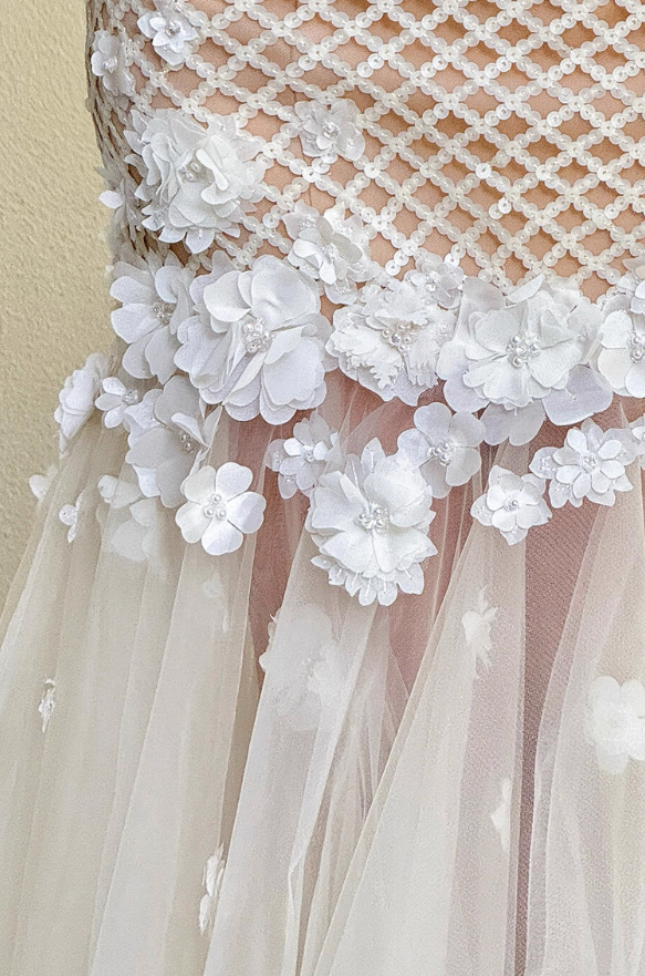 French Floral Print Sheer Tulle Train Maxi Dress Niche Sheath Applique Beading Halter Prom Dress AP0782