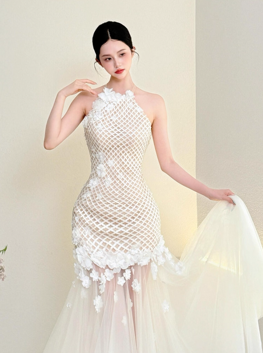 French Floral Print Sheer Tulle Train Maxi Dress Niche Sheath Applique Beading Halter Prom Dress AP0782