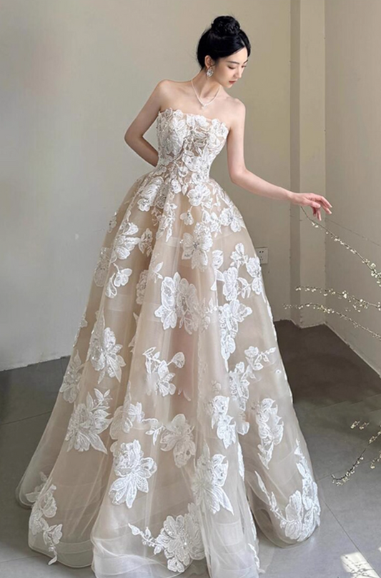 Intricate Floral Embroidery Maxi Dress Tulle Layered Strapless Chic Beading Prom Dress AP0786