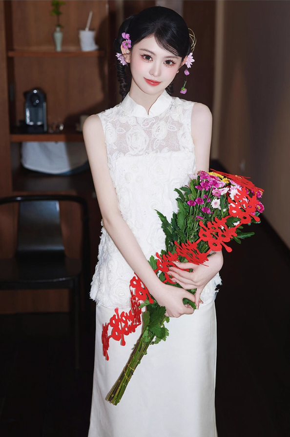 Novelty Cheongsam Stereo Floral Blouse & Maxi Dress Satin Tulle Splicing Wedding Dress AP0787