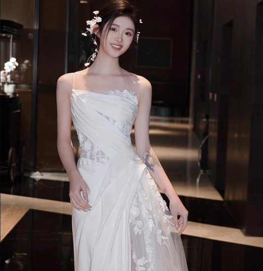 Ivory Lace Applique Sheer Panel Engagement Dress One Shoulder Wedding Dress AP0788