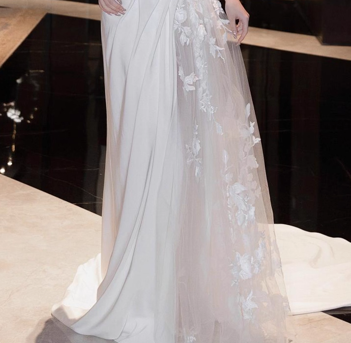 Ivory Lace Applique Sheer Panel Engagement Dress One Shoulder Wedding Dress AP0788