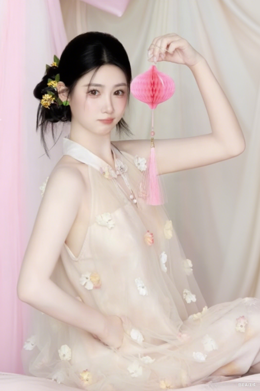 Chic Pearl Button Floral Appliques Feast Ceremonies Dress Tulle Overlay Halter Prom Dress AP0790