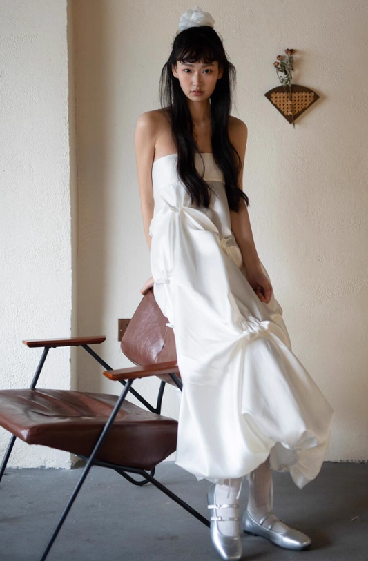 New Arrival Strapless Satin Fabric Maxi Dress Niche Ruched Ball Gown Prom Dress AP0791