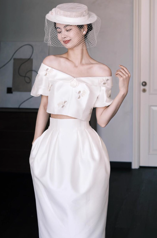 Ivory Satin Two-Piece Embroidered Floral Dress Off-Shoulder Crop Top and Midi Skirt Prom Dress AP0810