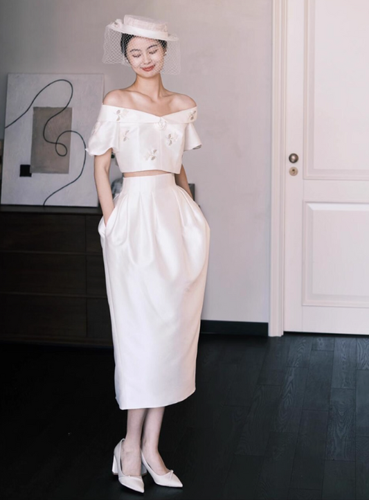 Ivory Satin Two-Piece Embroidered Floral Dress Off-Shoulder Crop Top and Midi Skirt Prom Dress AP0810