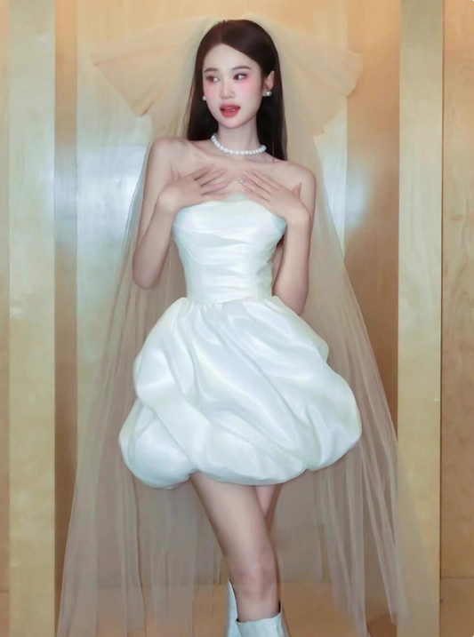 Luxurious Ivory Strapless Satin Mini Ball Gown Minimalist Cloud Bubble Homecoming Dress AP0813