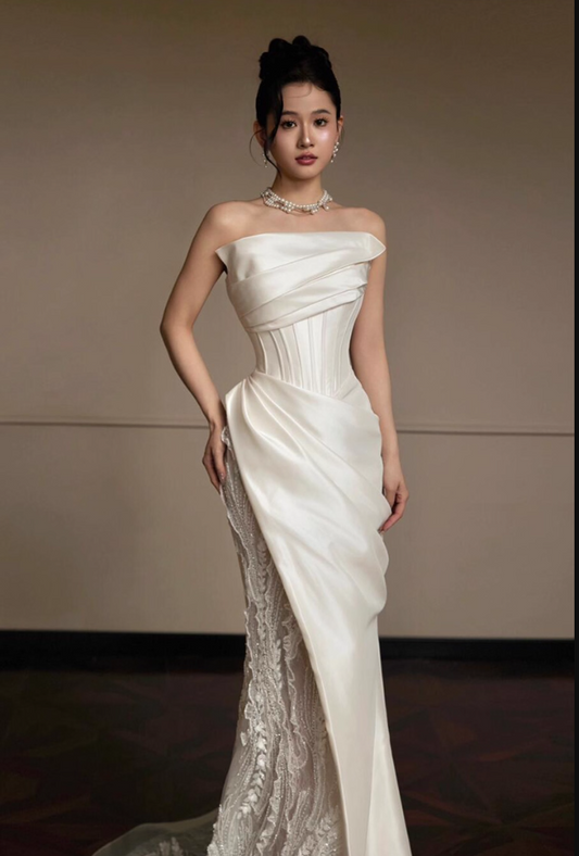 French Lace Light Tulle Splicing Evening Mermaid Dress Strapless Satin Fabric Prom Dress AP0824