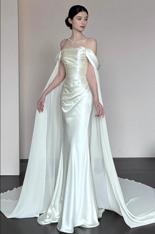 Flowing Cape Sleeve Off-Shoulder Satin Gown-Ruched Bodice Satin Fabric Sheath Prom Dress AP0826