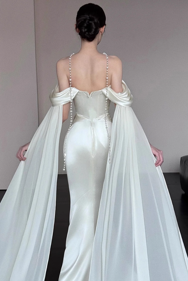 Flowing Cape Sleeve Off-Shoulder Satin Gown-Ruched Bodice Satin Fabric Sheath Prom Dress AP0826