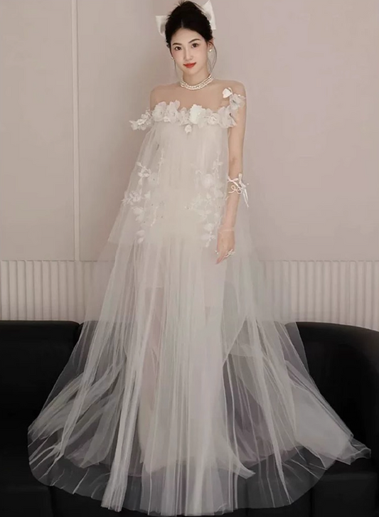 Elegant Layered Asymmetric Tulle Evening Dress Romantic Applique Strapless Prom Dress AP0833