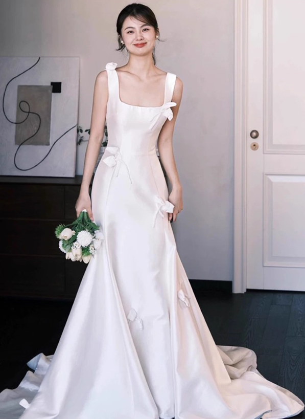 Ethereal Minimalist White Satin Bridal Dress Square - Neck Spaghetti Strap A-Line Wedding Dress AP0834