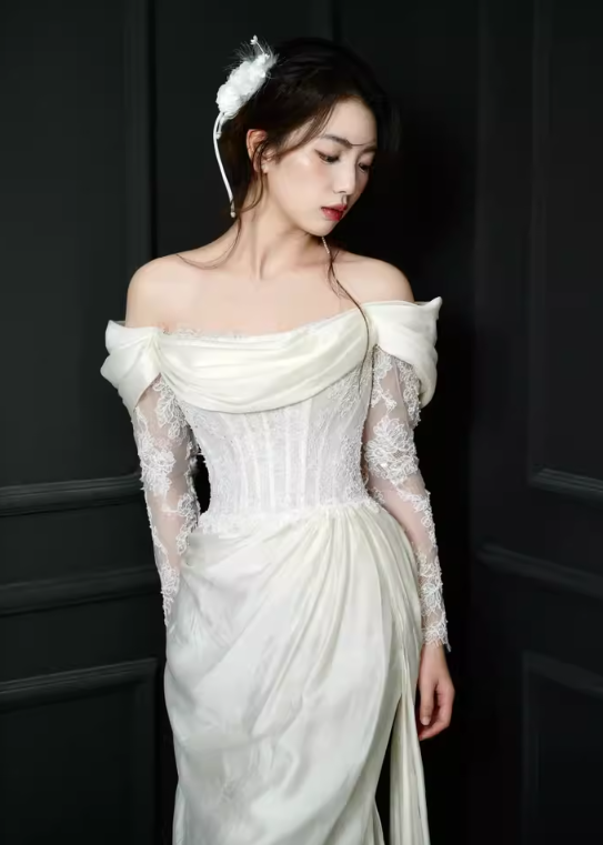 Dreamy Off-Shoulder Satin Bridal Dress Lace Sleeve Sequins Wedding Dress AP0853