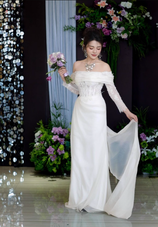 Dreamy Satin Lace Sleeve Mermaid Dress Applique Beading Off-Shoulder Sheath Prom Dress AP0853