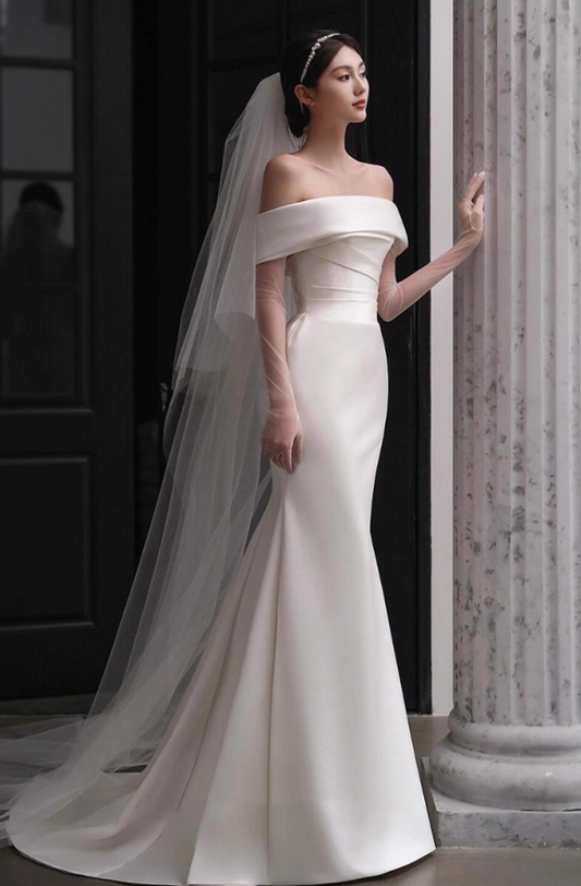 Glamorous Satin Fabric Sheer Sleeves Bridal Dress Off-Shoulder Strapless Wedding Dress AP0858