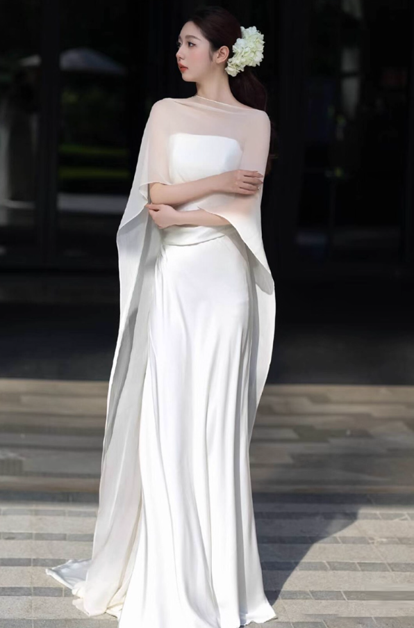 Elegant Jewel Neck Satin Bridal Dress Tulle Stole Sheath White Wedding Dress AP0867