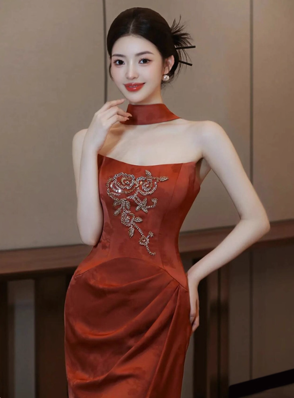 Chic Beading Delicate Red Velvet Evening Mermaid Dress Strapless Gathered Bodycon Prom Dress AP0870