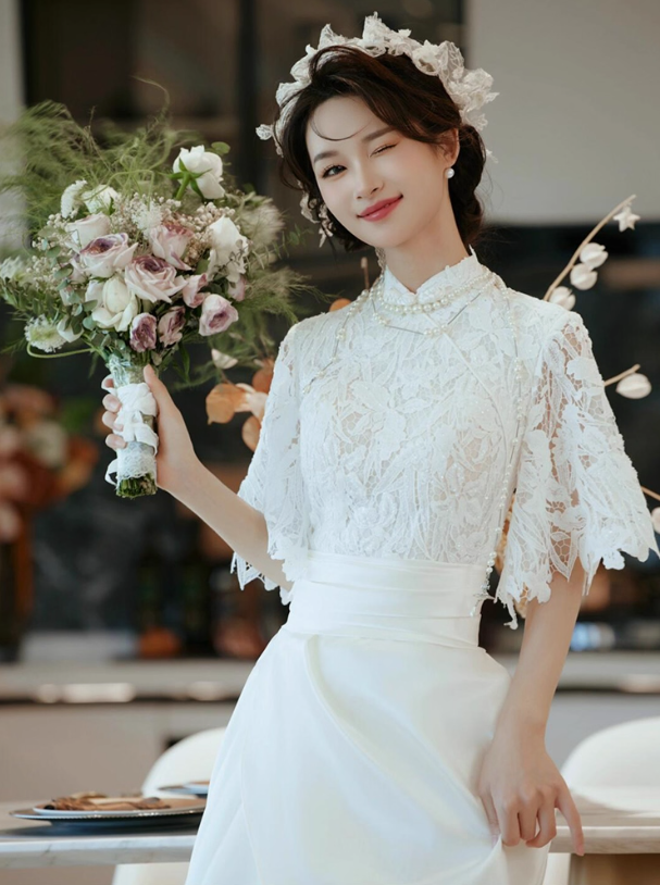 Elegant Stereo Floral Bridal Sheer Tulle Maxi Dress Soft Fabric Beading Lace Splicing Hem Prom Dress AP0876