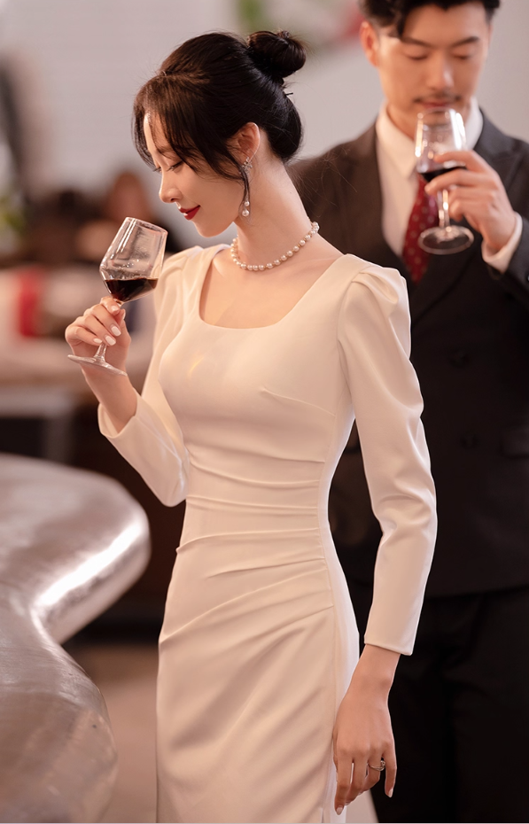 Stylish Soft Satin Material Long Sleeves Feast Dress High-Slit Breathable Bodycon Prom Dress AP0881