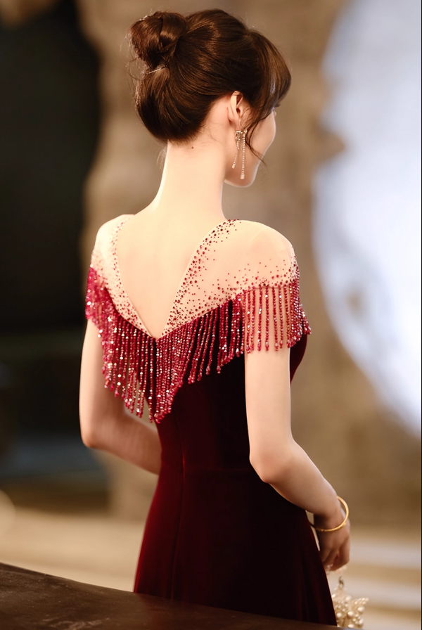 Chic Red Velvet Sheer Tulle Splicing Maxi Dress Beading Tassel Trim A-Line Prom Dress AP0882
