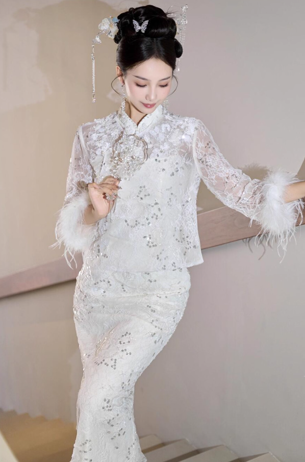 Classical Lace Top Applique Two-Piece Long Sleeve Feather Accent Sparkly Sequin Prom Dress AP0885