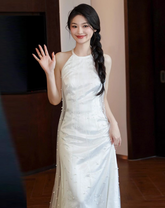 Charming Beaded Sheer Tulle Feast Ceremonies Dress Tulle Overlay Backless Halter Prom Dress AP0891