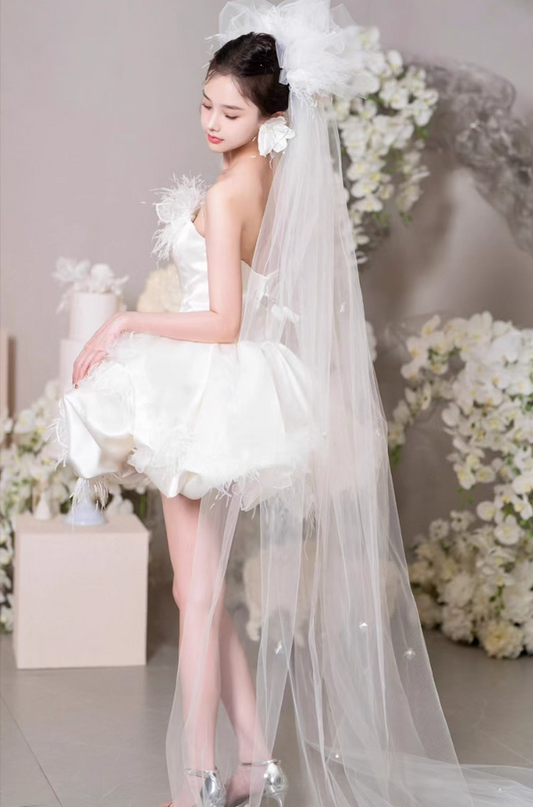 Charming Feather Accent White Satin Fabric Mini Ball Gown Strapless Cloud Bubble Homecoming Dress AP0894