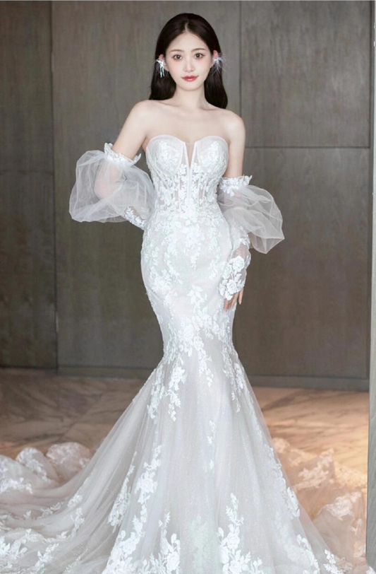 Gorgeous Textured Applique Lace Mermaid Dress With Train Sheer Lace Hollow Strapless Wedding Dress AP0912