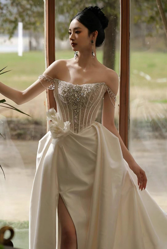 Fantastic Beading Satin Fabric High-Slit Maxi Dress Floral Off-Shoulder Strapless Wedding Dress AP0913