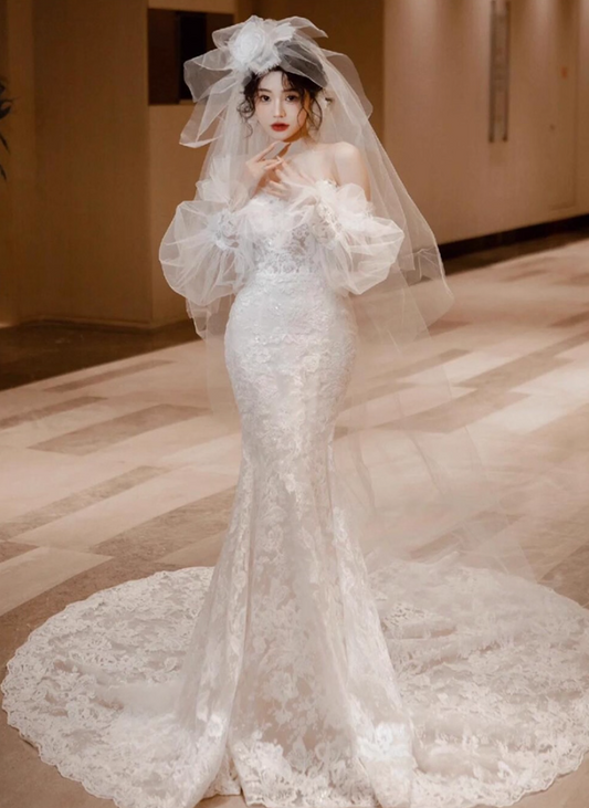 Graceful Sweetheart Neckline Mermaid Dress Strapless Sheer Lace Overlay Strapless Wedding Dress AP0914