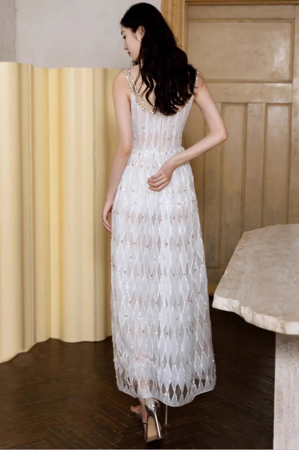 Niche Rhinestone Glitter Flowy Ceremonies Dress Chic Beading Strap Patterned Mesh Prom Dress AP0916