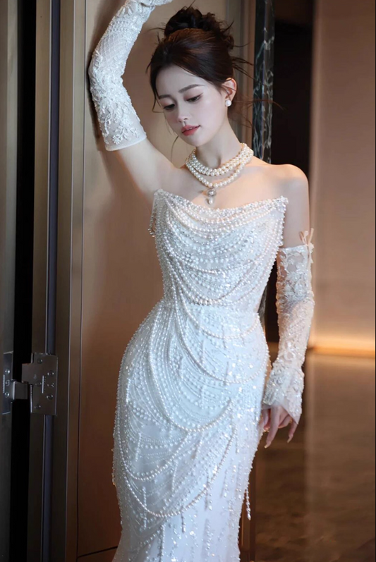 Exquisite Strapless Beading Mermaid Dress Hollow Sheer Mesh Open-Waist Sheath Wedding Dress AP0917