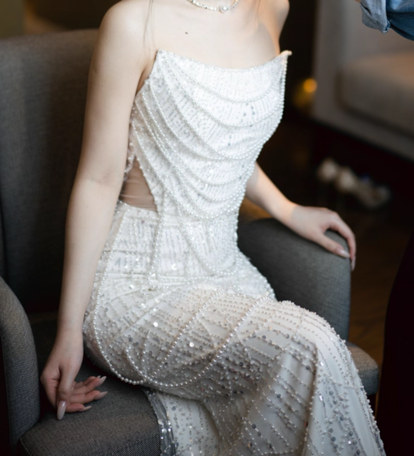 Exquisite Strapless Beading Mermaid Dress Hollow Sheer Mesh Open-Waist Sheath Wedding Dress AP0917