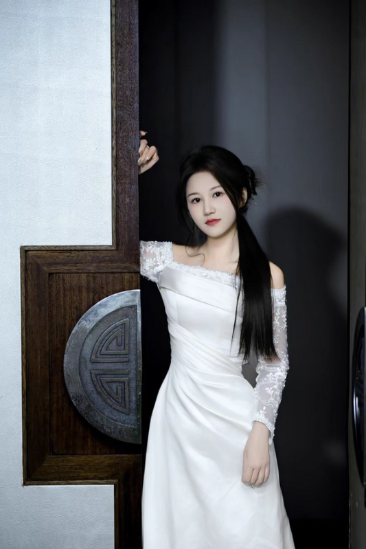 Fancy Sheer Lace Long Sleeve Maxi Dress Strapless Off-Shoulder CinChed-Waist Prom Dress AP0922