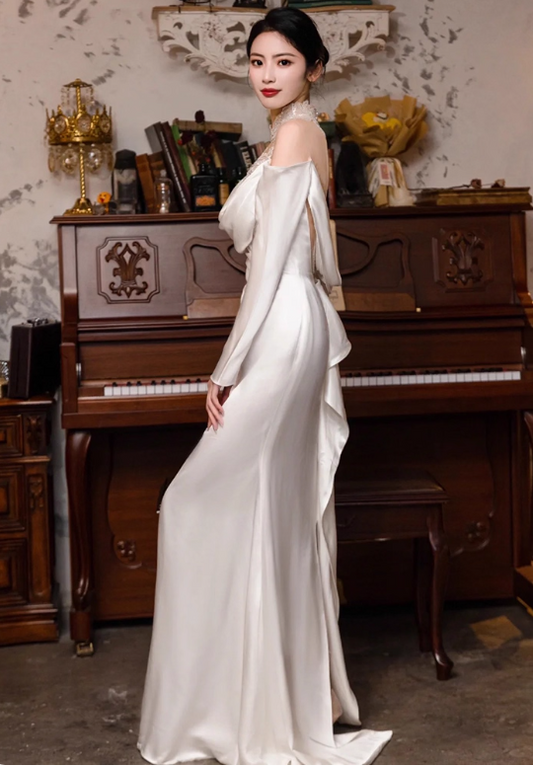 Vintage Asymmetric Neck Sheer Applique Mesh Splicing Satin Drape Hem Long Sleeve Prom Dress AP0936