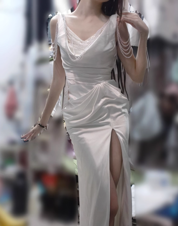 Fancy Beading Gathered High-Slit Ceremonies Dress Chic Open-Back Draped Neckline Prom Dress AP0939