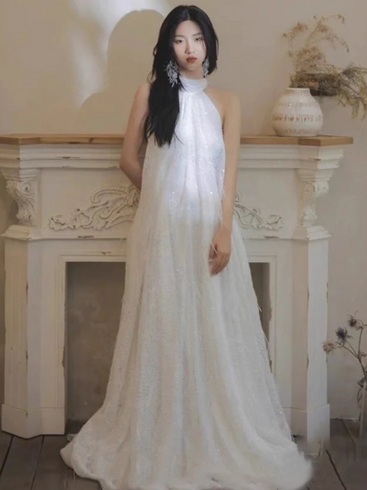 Ethereal Sparkly Sequins Evening Dress Minimalist Backless Double Layers Halter Prom Dress AP0940