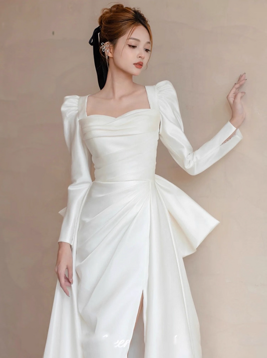 Chic Satin Square Neck Gathered Maxi Dress High-Slit Big Bow Long Sleeve Prom Dress AP0947