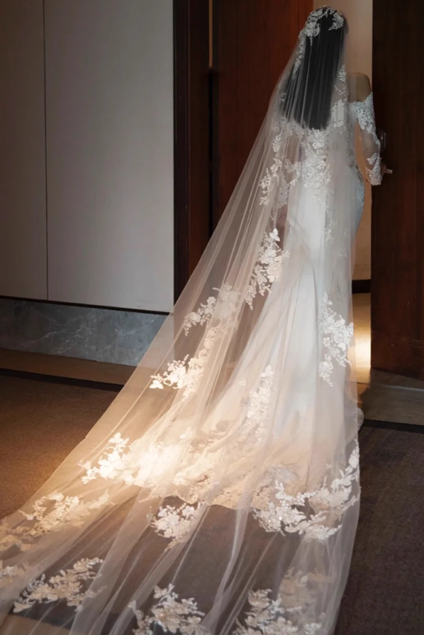 Exquisite Sheer Lace Long Sleeve Off-Shoulder Bridal Dress Strapless Applique Satin Hem Wedding Dress AP0949