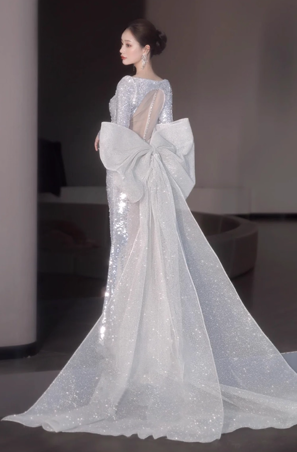 Graceful Sheen Sequins Big Tulle Bow Evening Dress Mermaid Long Sleeve Sheer Mesh Splicing Prom Dress AP0950