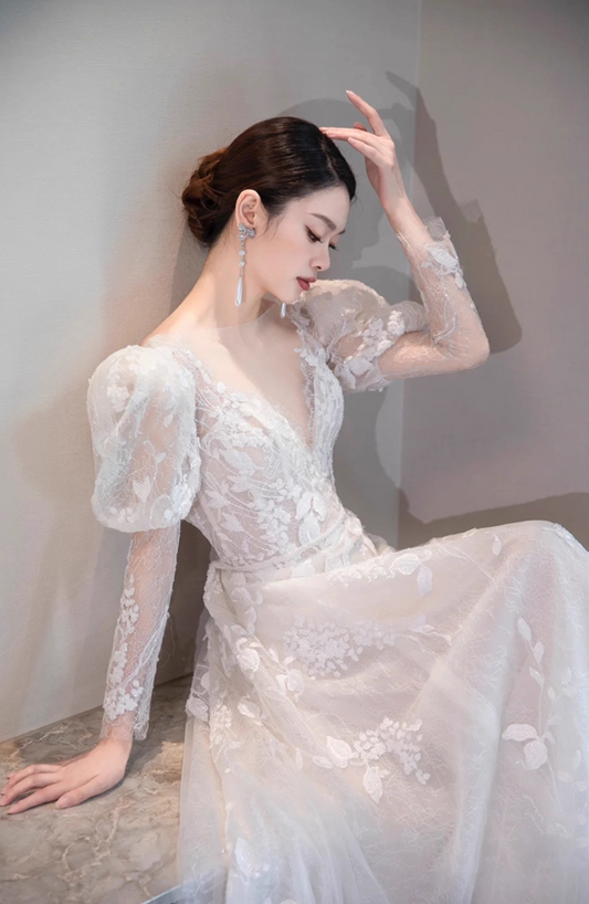 Vintage Round Neck Sheer Lace Applique Evening Dress Mesh Splicing Long Sleeve Prom Dress AP0967
