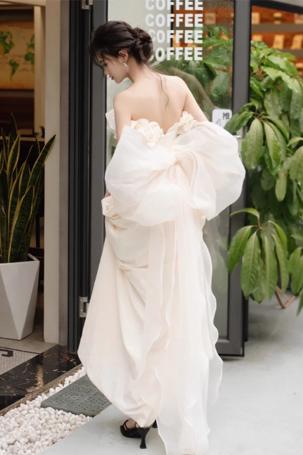 Romantic Ruffles Trimmed Cinched-Waist Sweet 16 Dress Slit Bow Strapless Prom Dress AP0968