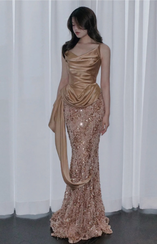 Elegant Strapless Satin Draped Mermaid Dress Sheath Sequins Sparkly Prom Dress AP0972