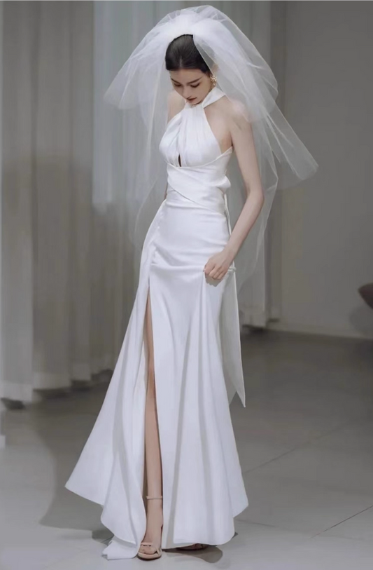 Chic White Hollow-Out Tie-Back Mermaid Evening Dress Sleeveless High-Slit Sheath Halter Wedding Dress AP0981