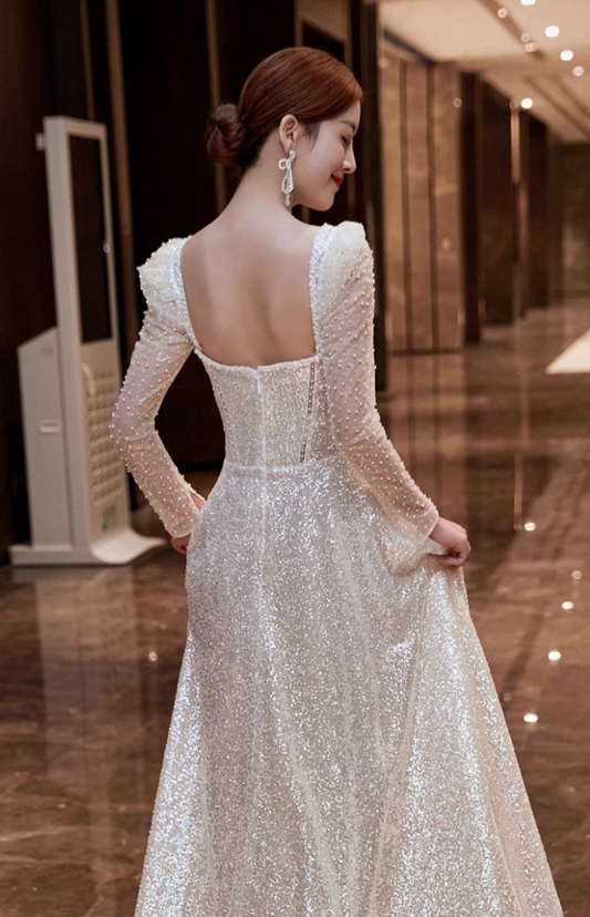 Exquisite Square Neck Beading Lustrous Sequins Evening Dress Mesh Splicing Long Sleeve Prom Dress AP0987