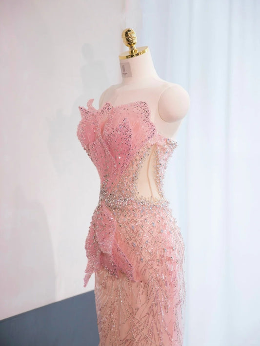 Sexy Pink Beading Petal Design Sweet 16 Dress Open-Waist Strapless Prom Dress AP0995