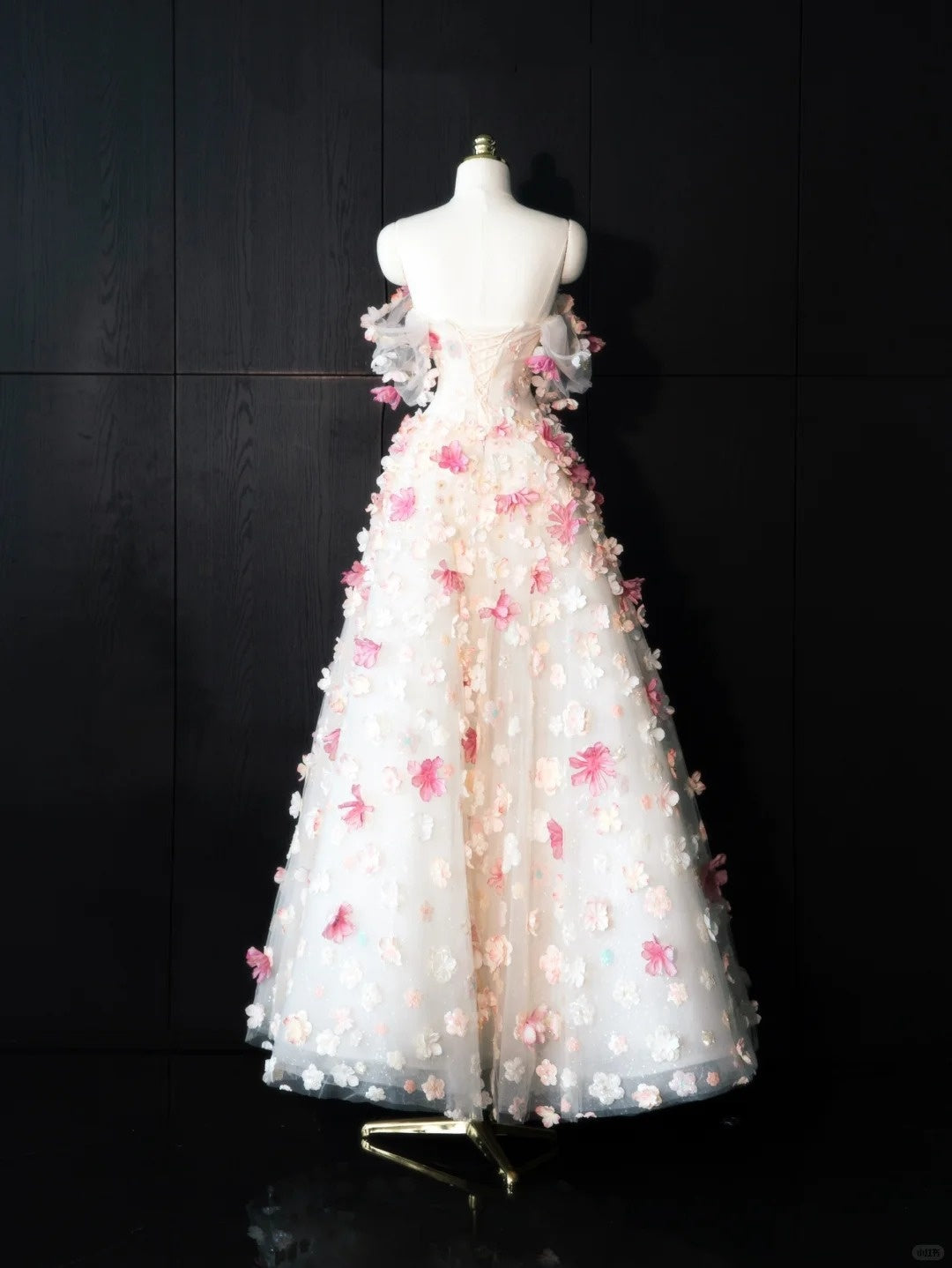 Glamorous Stereo Floral Tulle Evening Dress Off-Shoulder Sheer Tulle Short Sleeve Prom Dress AP0996